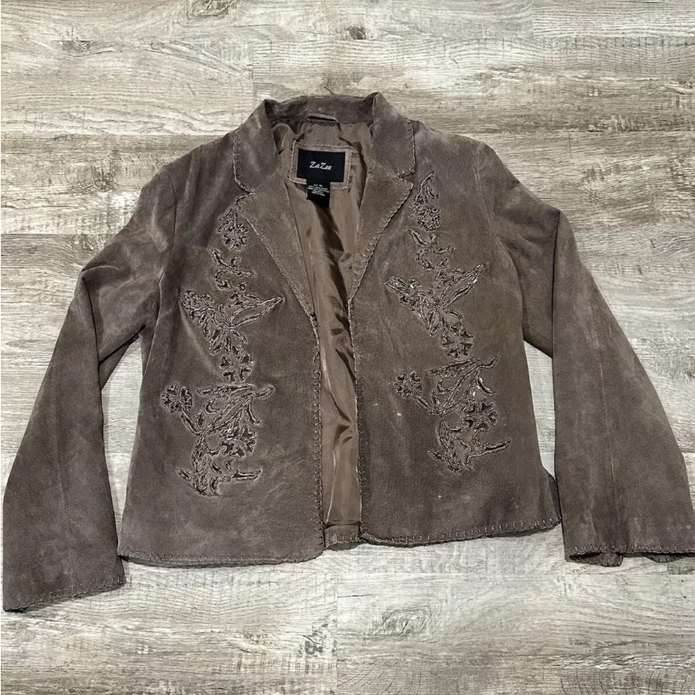 ZaZee Womens Beaded Suede Leather Blazer Jacket XL Brown Collared Long Sleeve